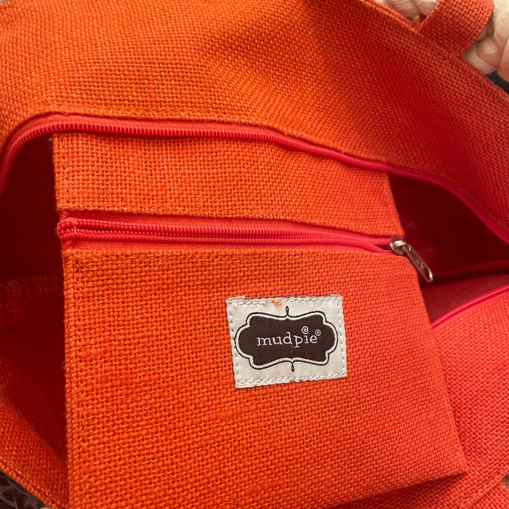 Mud Pie Orange Tote with Blue Tied Scarf Zip Pocket Inside - Picture 5 of 6